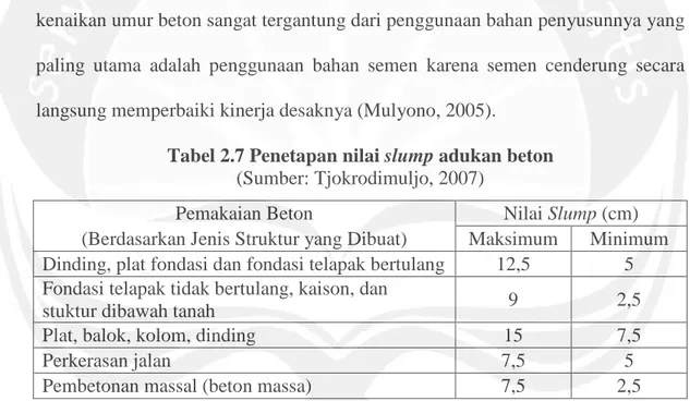 Tabel 2.7 Penetapan nilai slump adukan beton (Sumber: Tjokrodimuljo, 2007)