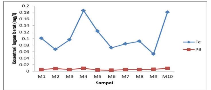 Gambar 5 Grafik nilai kosentrasi kandungan logam berat Fe dan Pb sampel air dari semua lokasi di daerah muara Batang  Arau 