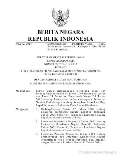 Berita Negara No 282 2013 Kementerian Perhubungan Kapal Berbendera