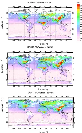Gambar 3  Plot rata-rata CO permukaan (a) Januari, (b) Februari, (c) Maret tahun 2015 (Sumber : https://www2.acom.ucar.edu/mopitt, 2016) 