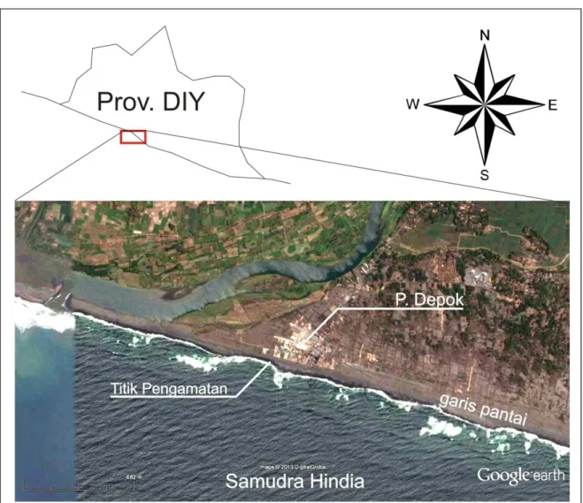 Gambar 1. Peta lokasi penelitian dan kelurusan garis Pantai Depok. Arah kelurusan NWW- NWW-SEE