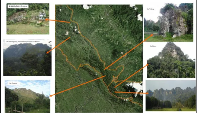 Gambar 1. Sebaran Bukit Karst berdasarkan rekaman Citra dan Foto   di Wilayah Utara Kabupaten Sijunjung 
