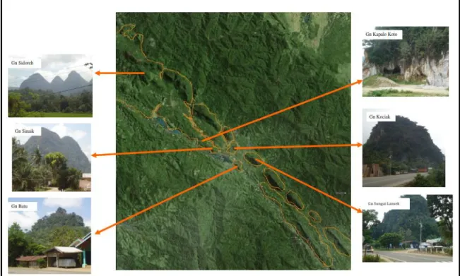 Gambar 3. Sebaran Bukit Karst berdasarkan rekaman Citra dan Foto   di Wilayah Selatan Kabupaten Sijunjung 