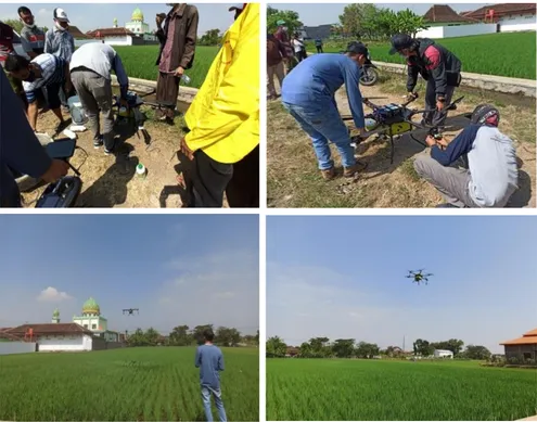 Gambar 4. Praktik penyemprotan pupuk organik dengan drone  Drone  merupakan  pesawat  tanpa  awak 