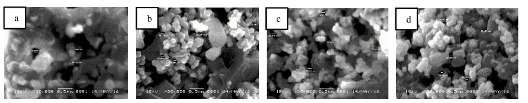 Gambar 3 Hasil SEM material anoda dengan variasi massa (a) 5% karbon dan 95% TiO10% karbon dan 90% TiO2, (b) 2, (c) 15% karbon dan 85% TiO2 dan (d) 20% karbon dan 80% TiO2 