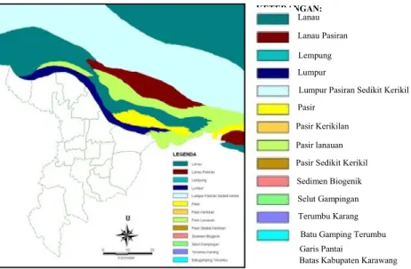 Gambar 20. Peta Sebaran Sedimen Dasar Laut Kabupaten Karawang Tahun 2004  Ketebalan hutan mangrove di daerah Pantai Utara yaitu sekitar 25-50 meter  (Dahuri, 2003)