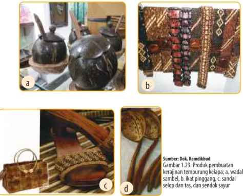 Gambar 1.23. Produk pembuatan  kerajinan tempurung kelapa; a. wadah  sambel, b. ikat pinggang, c