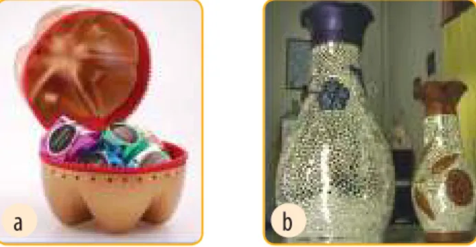 Gambar 1.25. Aneka kerajinan dari limbah keras anorganik; a. botol dan b. pecahan kaca.
