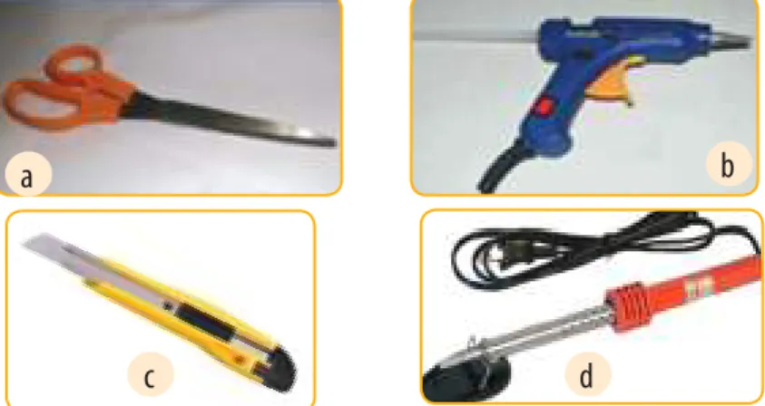 Gambar 1.27. Alat pembuatan kerajinan plastik; a. gunting, b. lem tembak, c. cutter, dan d