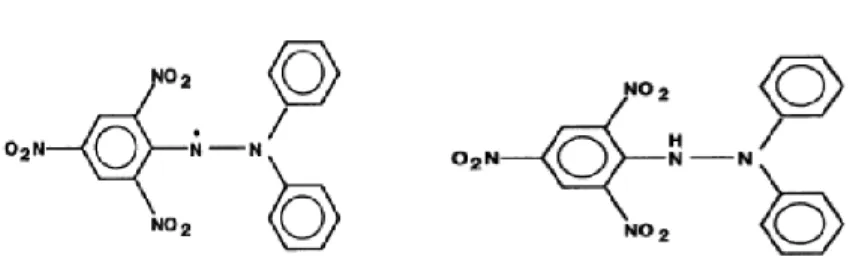 Gambar 2. 1,1-diphenyl-2-picrylhydrazyl (radikal bebas)  (kiri)  dan 1,1-diphenyl-2-