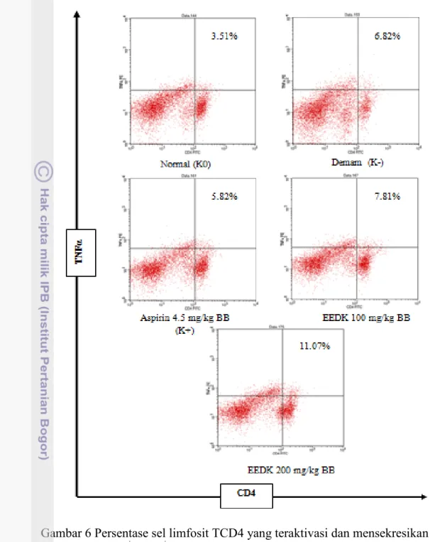 Gambar 6 Persentase sel limfosit TCD4 yang teraktivasi dan mensekresikan  sitokin TNFα (CD4 + TNFα + ) dari organ spleen tikus percobaan setelah pemberian 