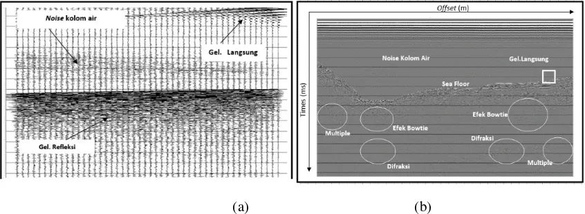 Gambar 1 (a) Identifikasi noise  pada penampang seismik (b) Identifikasi noise pada penampang seismik (bagian kotak putih pada Gambar 1(a) diperbesar) 