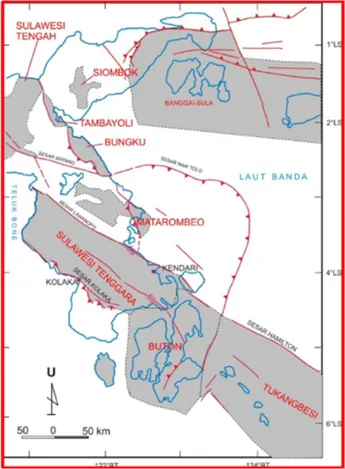 Gambar 2. Struktur  regional dan tektonik di bagian timur Sulawesi (Surono, 2010) 