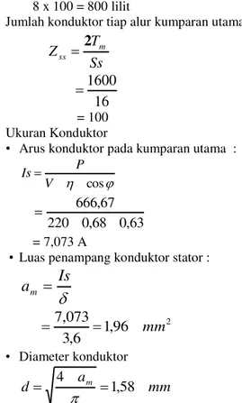 Gambar  5. Rancangan kumparan model terpusat pada stator  Tegangan induksi stator E = 95% dari tegangan catu  (V), maka : 