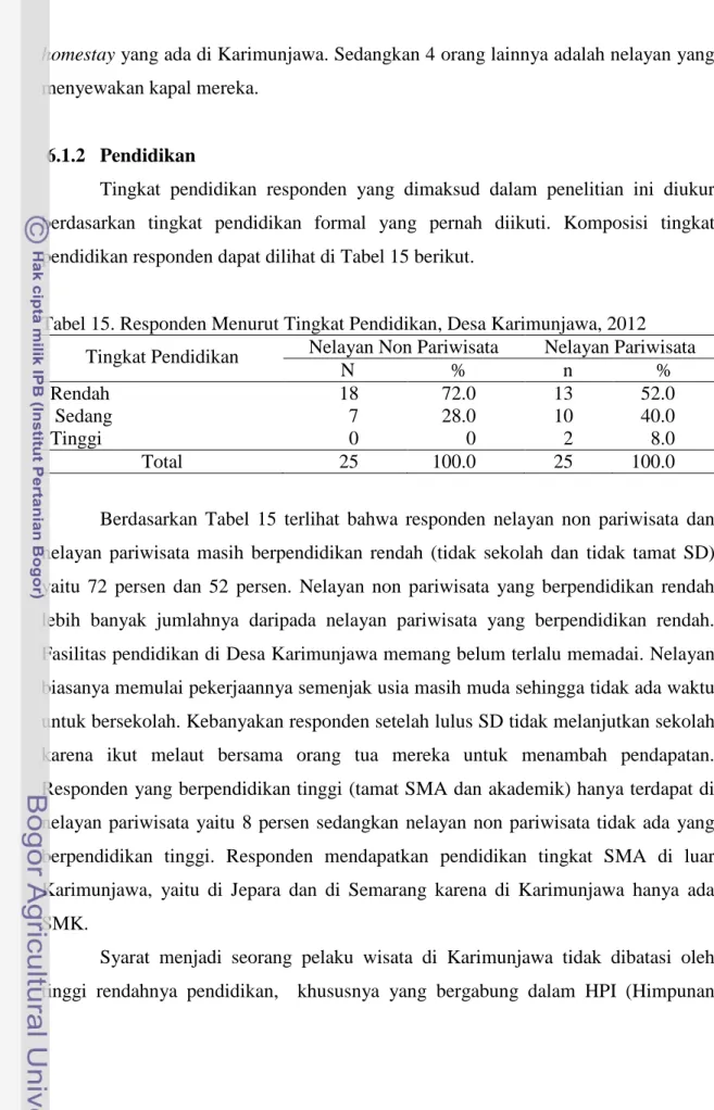 Tabel 15. Responden Menurut Tingkat Pendidikan, Desa Karimunjawa, 2012  Tingkat Pendidikan   Nelayan Non Pariwisata  Nelayan Pariwisata 