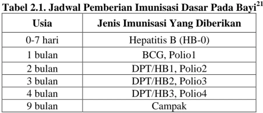 Tabel 2.1. Jadwal Pemberian Imunisasi Dasar Pada Bayi 21  Usia  Jenis Imunisasi Yang Diberikan  0-7 hari  Hepatitis B (HB-0)  1 bulan  BCG, Polio1  2 bulan  DPT/HB1, Polio2  3 bulan  DPT/HB2, Polio3  4 bulan  DPT/HB3, Polio4  9 bulan  Campak  2.7