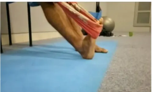 Gambar 1. Penggunaan elastic band dengan  gerakan dorsi fleksi ankle (Yu et al., 2013) 