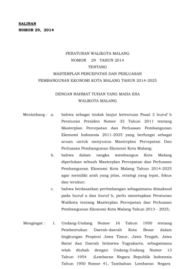 PERATURAN WALIKOTA MALANG NOMOR 29 TAHUN 2014 TENTANG MASTERPLAN ...