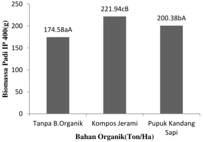 Gambar 6. Histogram hubungan antara pemberian bahan organik dengan biomassa padi  IP 400 pada musim  tanam I 