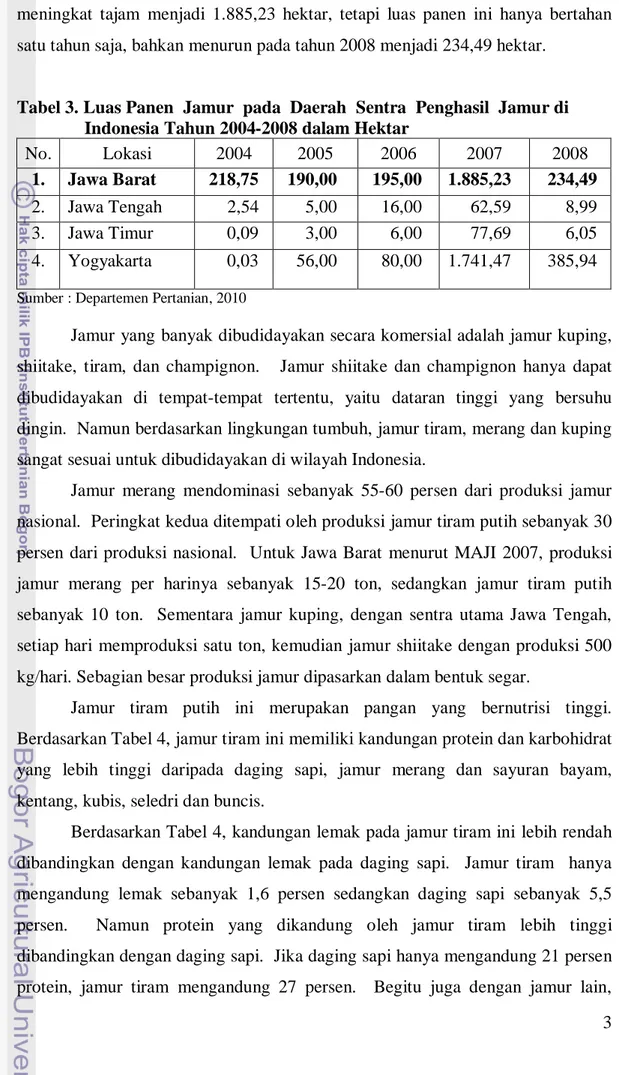 Tabel 3. Luas Panen  Jamur  pada  Daerah  Sentra  Penghasil  Jamur di       Indonesia Tahun 2004-2008 dalam Hektar 