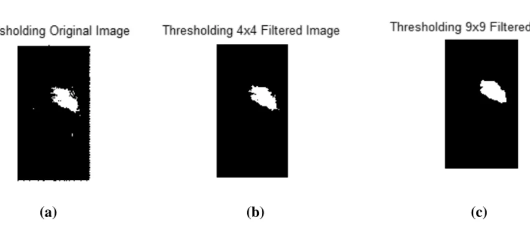 Gambar 4: (a) Thresholding citra biner tepi pada citra asli, (b) Thresholding citra biner filter 4x4                      (c) Thresholding citra biner filter 9x9 