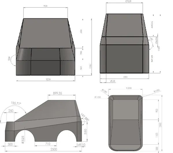 Gambar 2. Dimensi bodi mobil tampak depan, belakang, samping dan atas  Tabel 4. Properti Baja ST37 