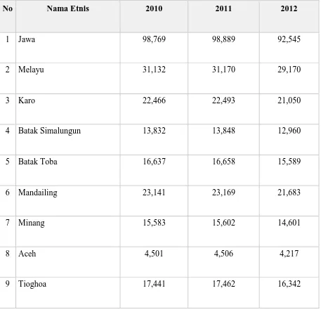 Tabel 2.2 : Perbandingan Etnis di Kota Binjai pada Tahun 2010, 2011, dan 2012. 