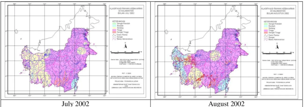 Figure 1.   Land/Forest Fire Hazard Maps of Kalimantan in Dry Seasons of 1997, 1998, 2000, and  2002 Based on Weighing Method 3