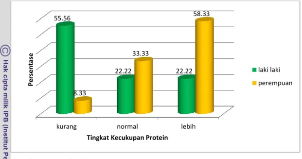 Gambar 6  Sebaran atlet bola basket menurut tingkat kecukupan protein   Tingkat kecukupan protein contoh laki-laki sebagian besar berada dalam  kategori kurang (55.56%) sedangkan contoh perempuan sebagian besar memiliki  tingkat kecukupan protein dalam kat