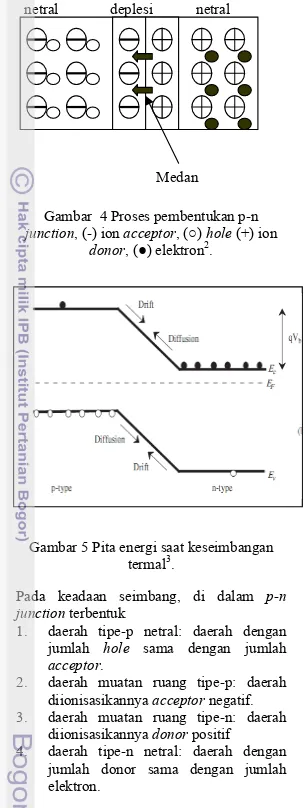 Gambar  4 Proses pembentukan p-n  junction, (-) ion acceptor, (○) hole (+) ion 