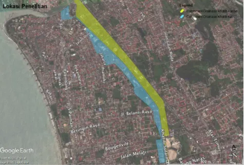 Gambar 3. Daerah Tangkapan Air (DTA) drainase Jl. Khatib Sulaiman. Warna hijau  adalah DTA drainase kanan, warna biru adalah DTA drainase kiri