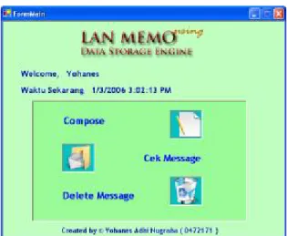 Gambar 6 memperlihatkan tampilan menu utama aplikasi LANMemo.
