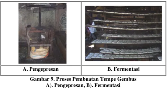 Gambar 9. Proses Pembuatan Tempe Gembus   A). Pengepresan, B). Fermentasi 