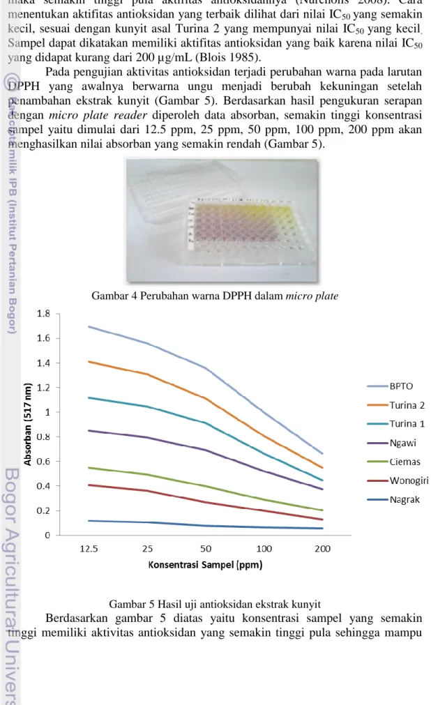 Gambar 4 Perubahan warna DPPH dalam micro plate 