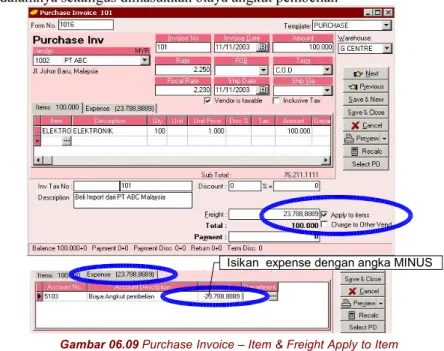 Gambar 06.09 Purchase Invoice – Item &amp; Freight Apply to Item