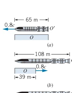FIGURE 2.13 Example 2.6. (at rest on the platform, the passing rocket lines up simultane-ously with the front and back of the platform