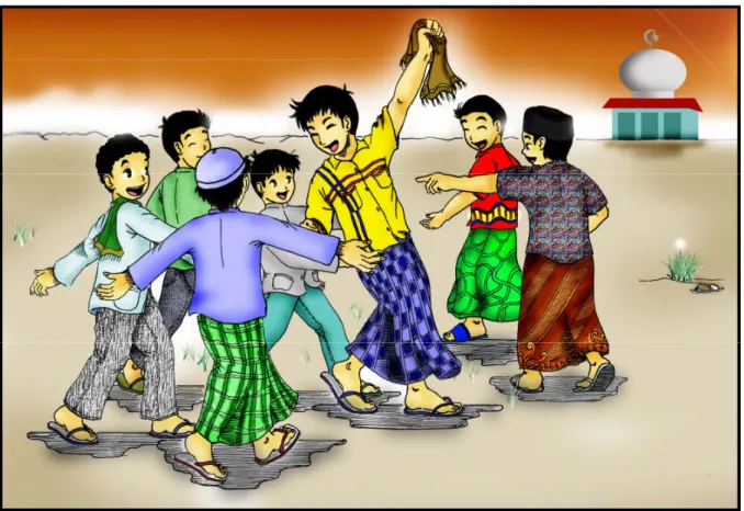 Gambar 7. Tujuh anak berpakaian rapi pergi ke masjid. Mereka akan sholat bersama-sama, tanpa Yudis.