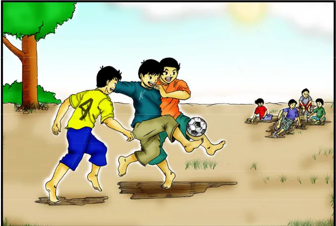 Gambar 8. Tujuh anak sudah berkumpul di lapangan, sebagian main bola, sebagian ngobrol.