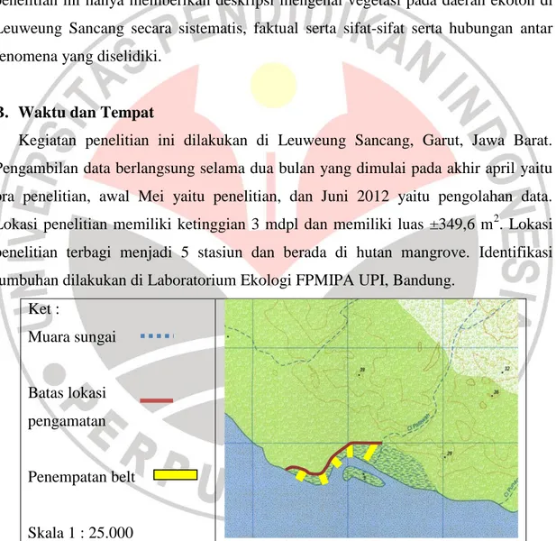 Gambar 3.1 Lokasi pengamatan dan penempatan belt transek pada 5 stasiun   (Sumber : Arsip Museum Geologi Bandung) 