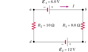Figure 28.16 (Example 28.8) A series circuit containing twobatteries and two resistors, where the polarities of the batteriesare in opposition.