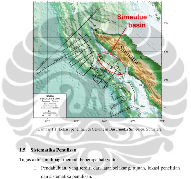 Gambar 1.1. Lokasi penelitian di Cekungan Busurmuka Simeuleu, Sumatera  