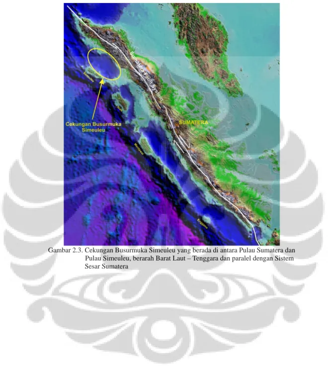 Gambar 2.3. Cekungan Busurmuka Simeuleu yang berada di antara Pulau Sumatera dan   Pulau Simeuleu, berarah Barat Laut – Tenggara dan paralel dengan Sistem    Sesar Sumatera 