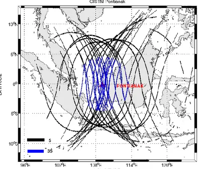 Gambar 2-1: Lintasan IPP satelit di atas penerima GISTM Pontianak, garis biru  adalah data dengan  elevasi &gt;35º, garis hitam elevasi &gt;5º 