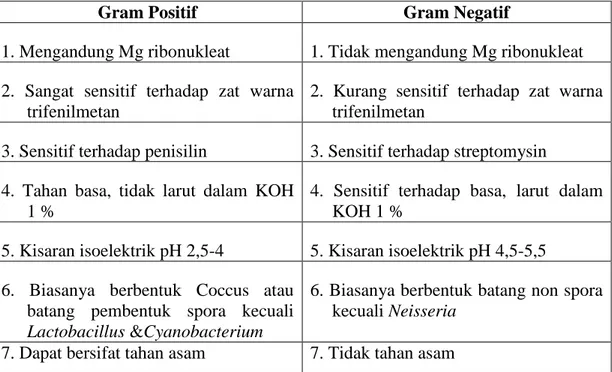 Tabel 2.3 Perbedaan bakteri gram positif dan gram negatif 