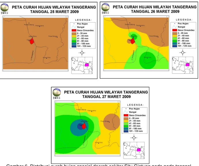 Gambar 6. Distribusi curah hujan spasial daerah sekitar Situ Gintung pada pada tanggal  25 sampai 27 Maret 2009