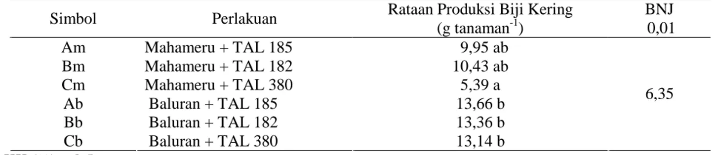 Tabel  2  menunjukkan  bahwa  strain  TAL  182  pada  varietas  Mahameru  (Bm)  cenderung  memberikan  hasil  biji  kering  yang  tertinggi   sedangkan  strain  TAL  185  pada  varietas  Baluran  (Ab) memberikan hasil biji kering tertinggi