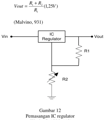Gambar  12  menunjukkan  pemasangan  IC  regulator  variabel.  IC  regulator  variabel  adalah  regulator  yang  dapat  diubah-ubah  tegangan  keluarannya dengan menerapkan perbandingan nilai R1 dan R2 