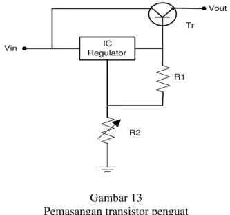 Gambar  13  menunjukkan  pemasangan  transistor  sebagai  penguat  arus yang dipasang seri dengan IC regulator variabel