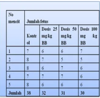 Tabel II. Hasil uji lanjut Duncan dari jumlah fetus yang diberi ekstrak etanol daun patikan  kebo dengan analisa varian satu  arah