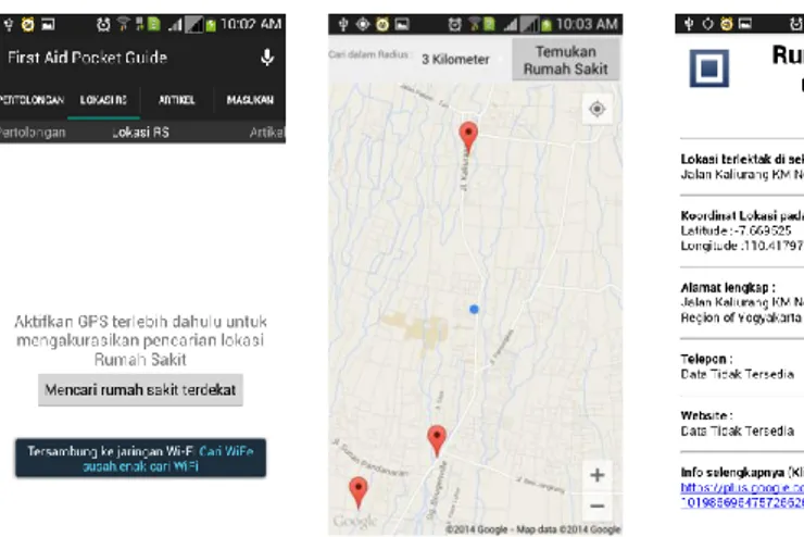 Gambar 4. Menu Rumah Sakit    Gambar 5. Aktivasi GPS                Gambar 6. Detail RS 